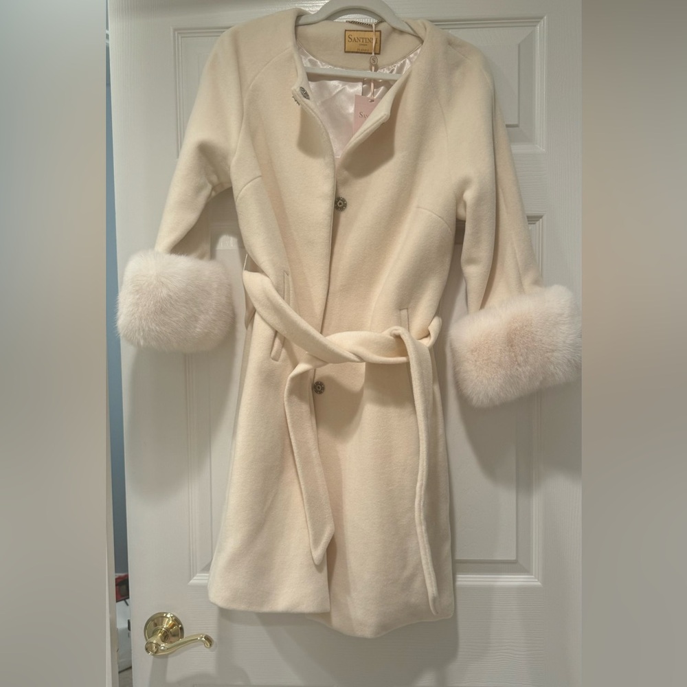 Santinni London Madame De Pompadour Cashmere, wool And fur Coat Sz M, Cream NWT